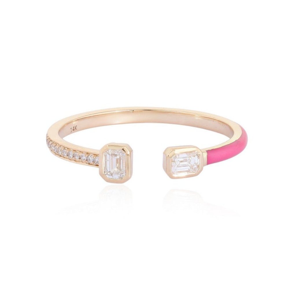 Pink Enamel Open 14k (Or 18k Upon Request) Yellow Gold Diamond Ring